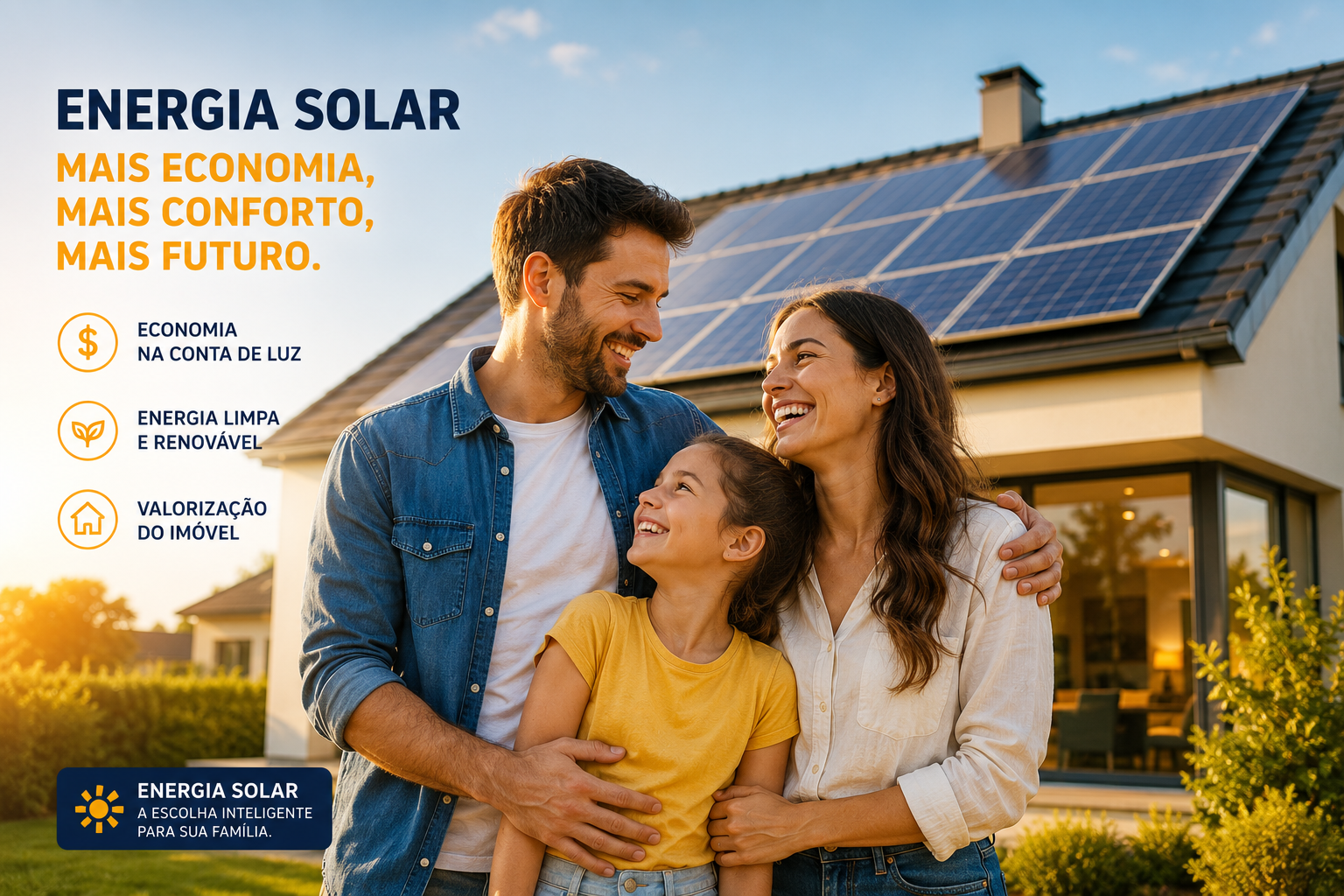 Familia feliz com energia solar